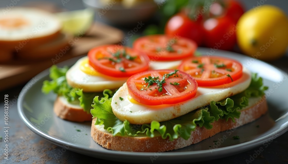 Freshly prepared egg salad sandwich with tomato and lettuce ready to be enjoyed Freshly prepared egg salad sandwich with tomato and lettuce ready to be enjoyed