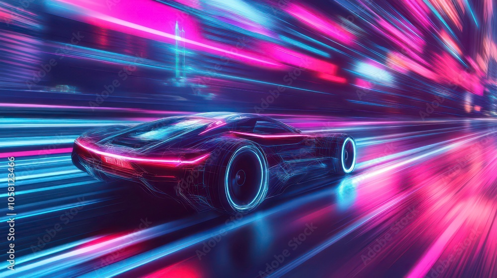 A futuristic sports car speeds through a neon-lit city at night. A futuristic sports car speeds through a neon-lit city at night.