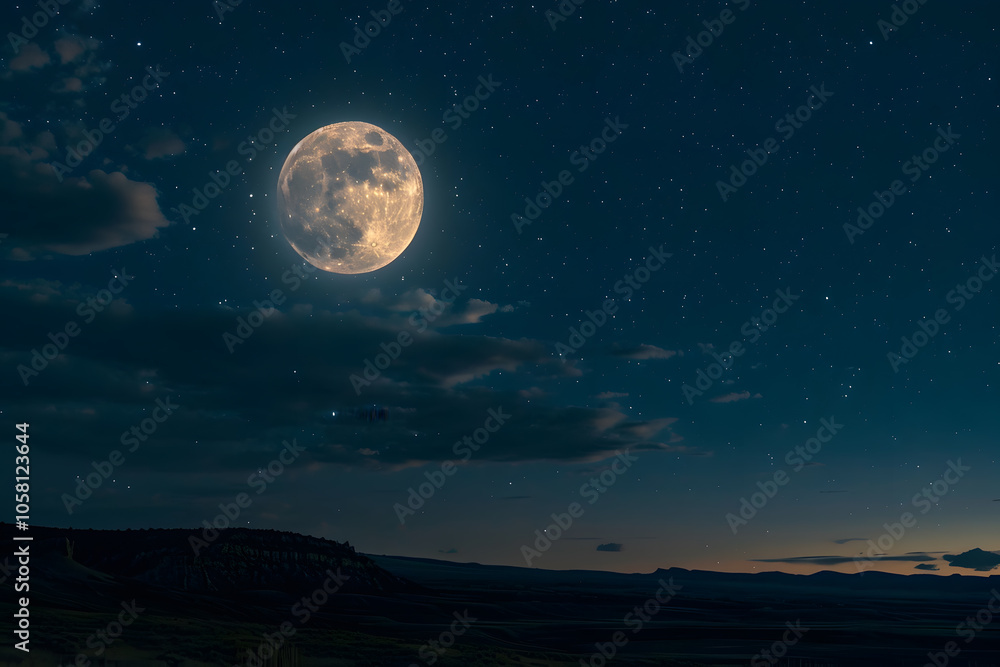 Fototapeta premium Rising full moon with soft glow and shadows in dark starry sky creating a tranquil night atmosphere