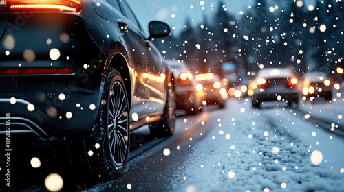 Snow blankets the mountain road as an SUV struggles through traffic, surrounded by cars stuck in heavy winter conditions