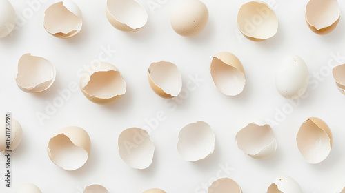 Overhead View of Cracked Eggshell Halves Arranged on White Background