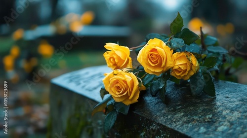 Fototapeta Naklejka Na Ścianę i Meble -  A bouquet of yellow roses lies on a weathered headstone in a cemetery, with other roses scattered in the background.