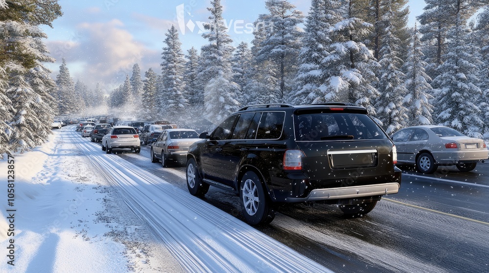 Snow blankets the mountain road as an SUV struggles through traffic, surrounded by cars stuck in heavy winter conditions Snow blankets the mountain road as an SUV struggles through traffic, surrounded by cars stuck in heavy winter conditions