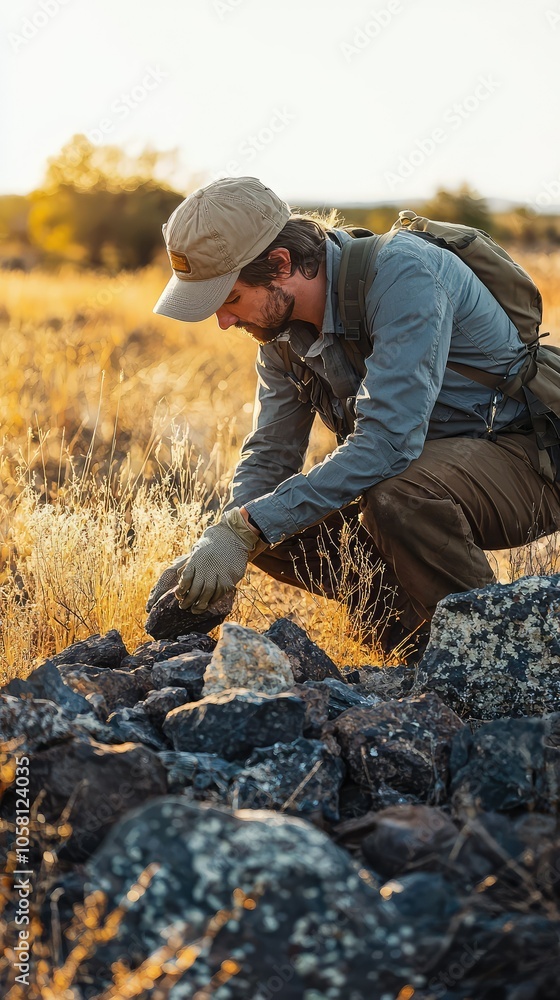 Geologist Examining Rock Samples in Natural Landscape Geologist Examining Rock Samples in Natural Landscape