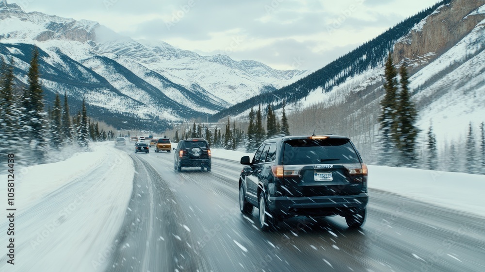 Snow blankets the mountain road as an SUV struggles through traffic, surrounded by cars stuck in heavy winter conditions Snow blankets the mountain road as an SUV struggles through traffic, surrounded by cars stuck in heavy winter conditions