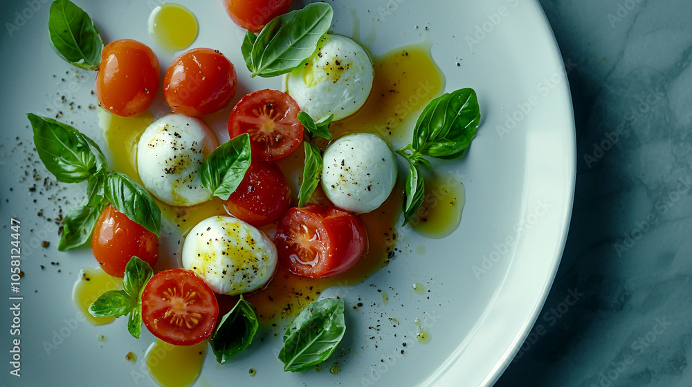 Overhead View of Deconstructed Caprese Salad with Cherry Tomatoes, Mozzarella, and Basil