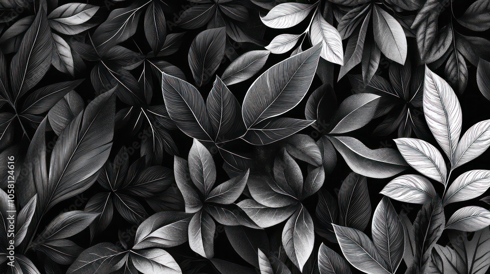 A seamless pattern of black and white leaves on a black background. A seamless pattern of black and white leaves on a black background.