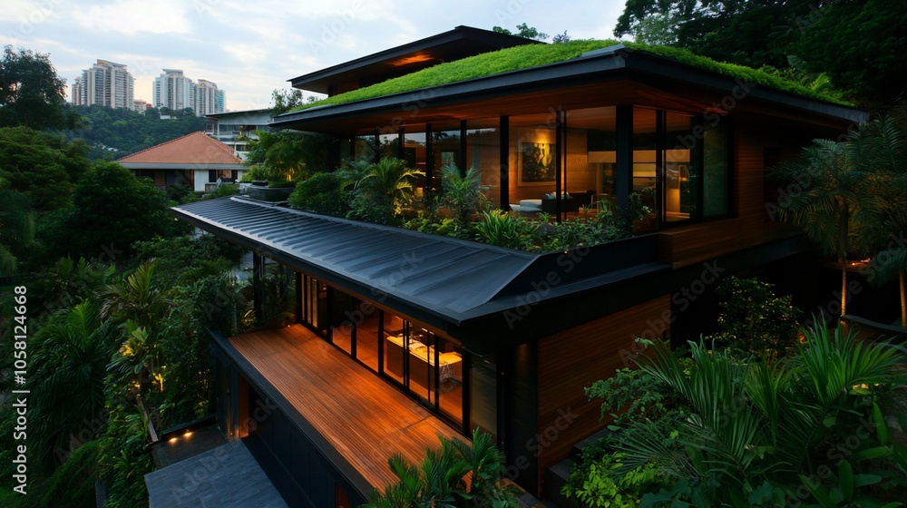 Modern house with green roof and large windows, set amongst lush foliage. Modern house with green roof and large windows, set amongst lush foliage.