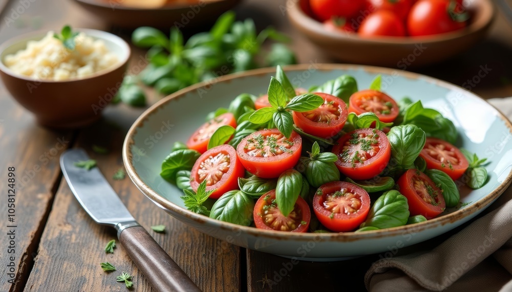 Freshly sliced tomatoes and basil ready to be savored Freshly sliced tomatoes and basil ready to be savored