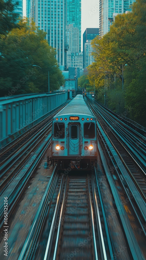 Fototapeta premium Dynamic Train Speeding Along Urban Tracks