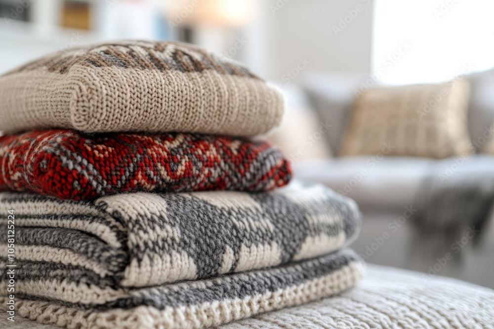 Cozy folded blankets with patterns and textures in soft colors adding warmth to a home interior ideal for winter decor home styling or cozy lifestyle visuals emphasizing comfort Cozy folded blankets with patterns and textures in soft colors adding warmth to a home interior ideal for winter decor home styling or cozy lifestyle visuals emphasizing comfort