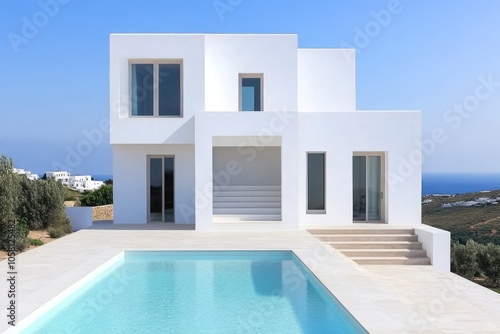 Modern white house with a swimming pool overlooking the sea.