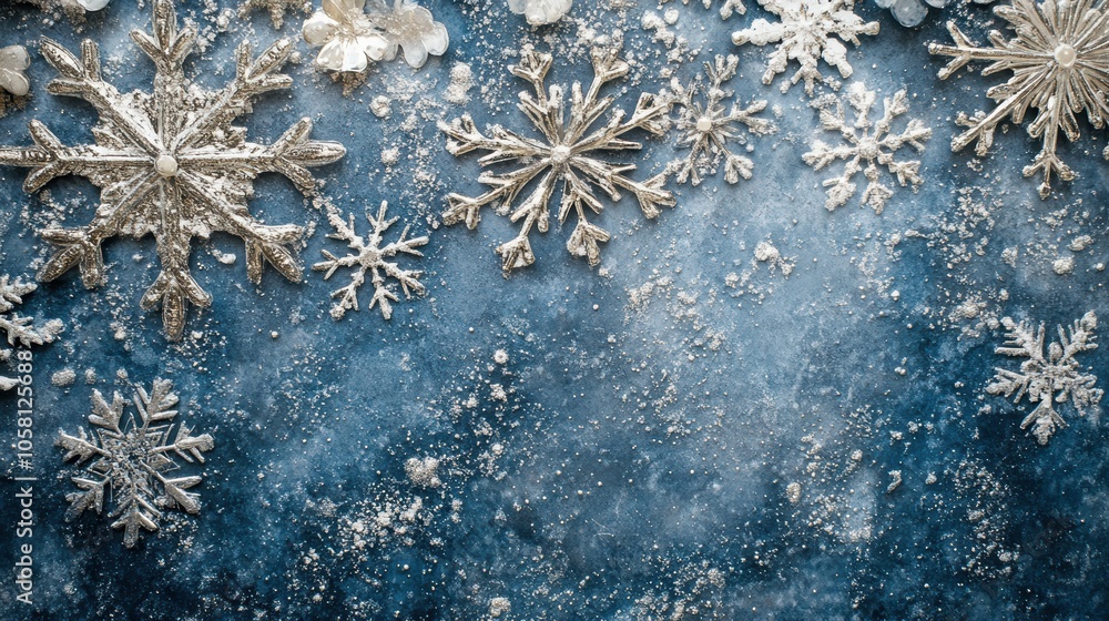 Elegant snowflake pattern wallpaper in shades of silver and blue for a winter wonderland effect Elegant snowflake pattern wallpaper in shades of silver and blue for a winter wonderland effect