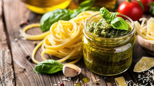 Authentic Italian cuisine: Homemade pesto in small jar with pasta ingredients on wood background.