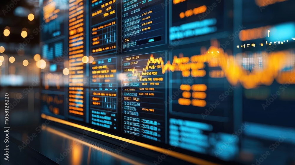 Data visualization screen displaying stock market trends and financial analytics. Data visualization screen displaying stock market trends and financial analytics.