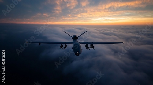 A military drone flies through a cloudy sky at sunset.