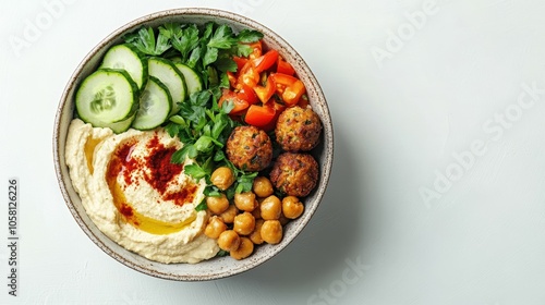 Overhead view of a colorful mediterranean mezze bowl featuring hummus fresh vegetables and savory falafel