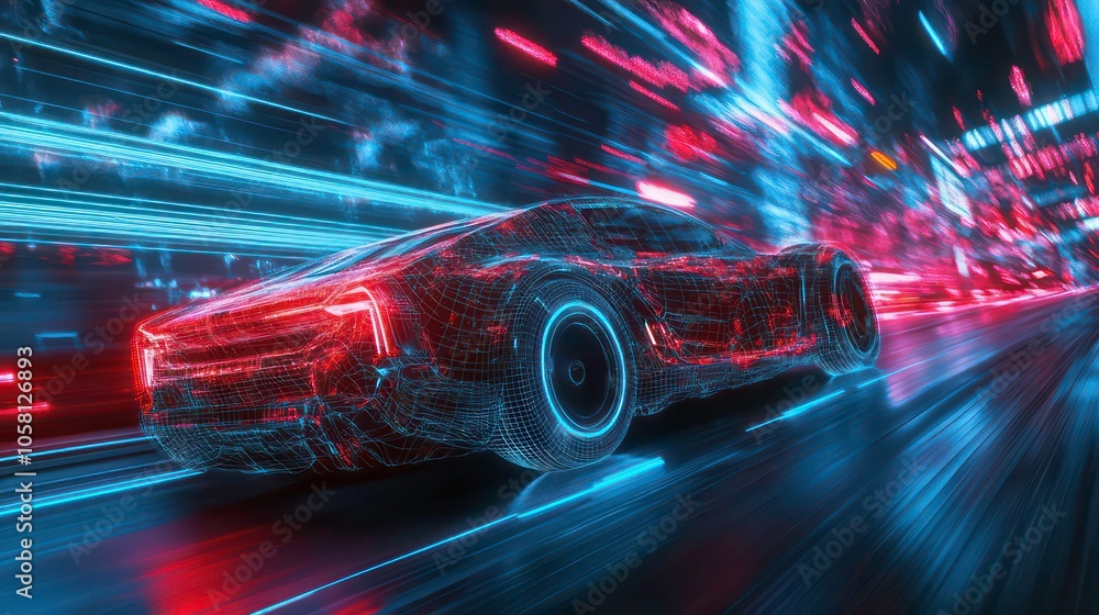 A futuristic car, made of glowing lines, speeds through a city at night. The car is seen from the rear, and the motion blur creates a sense of speed and energy. A futuristic car, made of glowing lines, speeds through a city at night. The car is seen from the rear, and the motion blur creates a sense of speed and energy.