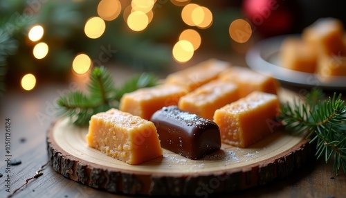 Assortment and presentation of Christmas nougats ands sweets made of chocolate, egg yolk, cream, caramel on wooden board and table in festive holiday atmosphere and decoration with bokeh lights.  photo