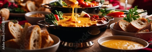 Delicious cheese fondue with fresh ingredients and bread on a festive table