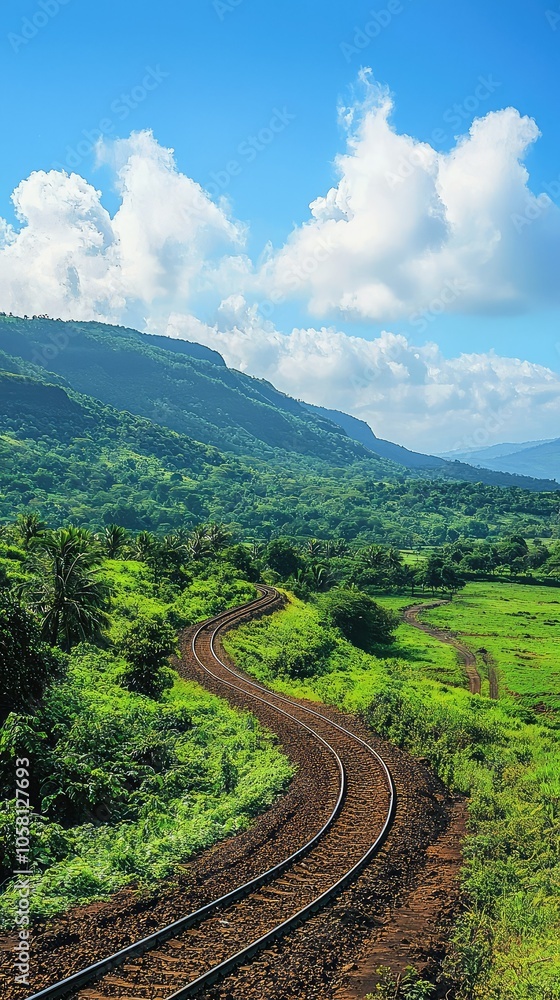 Fototapeta premium Scenic Winding Train Track Through Lush Landscape