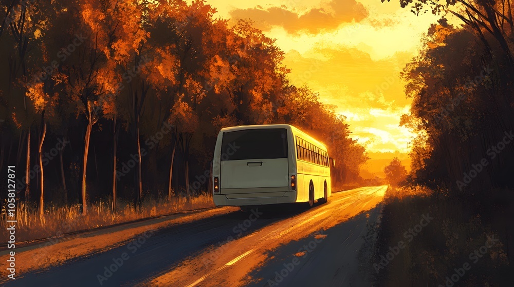 White bus traveling on the asphalt road around line of trees in rural landscape at sunset. White bus traveling on the asphalt road around line of trees in rural landscape at sunset.