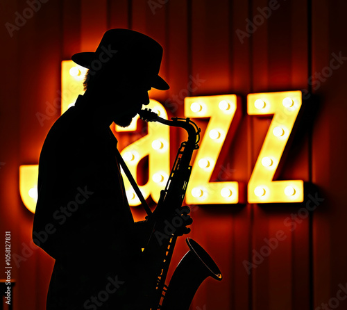 The silhouette of a saxophonist playing soulful jazz against a brightly lit background. Capturing the essence of jazz music and live performance.