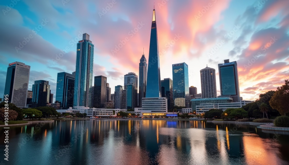 Obraz premium Cityscape at sunset reflecting on the water