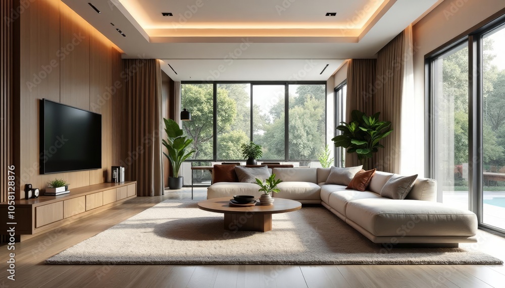 Fototapeta premium Modern living room with large windows and minimalist decor