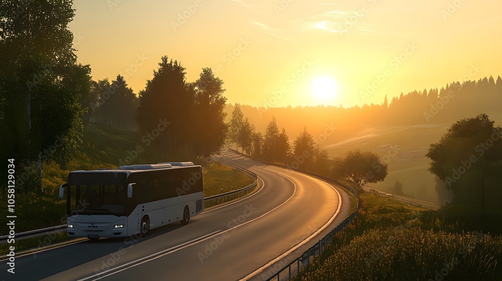 White bus traveling on the asphalt road around line of trees in rural landscape at sunset. White bus traveling on the asphalt road around line of trees in rural landscape at sunset.