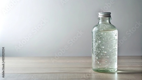 A bottle of clear slimy substance sits on a white desk isolated, isolated object, minimalist decor, desk, office supply, plain background