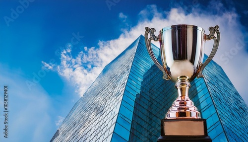 A silver trophy stands tall against a backdrop of a modern skyscraper, symbolizing success and achievement in business.