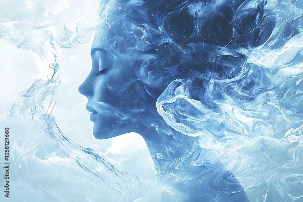 Ethereal figure in profile surrounded by flowing blue and white elements, symbolizing grace and tranquility. Ethereal figure in profile surrounded by flowing blue and white elements, symbolizing grace and tranquility.