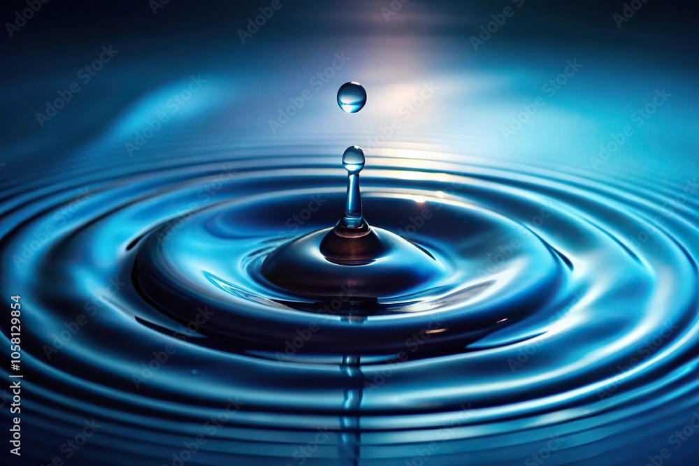 A droplet of cyan liquid falls from a high place onto a dark blue surface creating ripples, reflective surface, blue surface, blue tone, splashdown, fluid motion A droplet of cyan liquid falls from a high place onto a dark blue surface creating ripples, reflective surface, blue surface, blue tone, splashdown, fluid motion