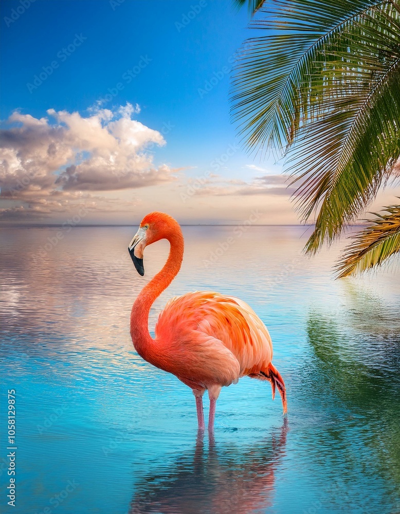 Fototapeta premium A vibrant pink flamingo stands gracefully in the shallows of a tropical lagoon, its reflection shimmering on the turquoise water.
