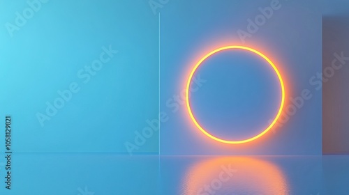 Abstract render of a simple blue background with a glowing neon ring and blank round frame, , render, abstract, blue, background .