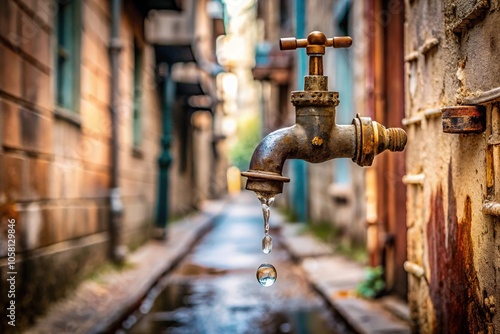 A dripping faucet hangs precariously from a rusty old pipe in a deserted alleyway, dripping, alleyway, splatter, abandoned