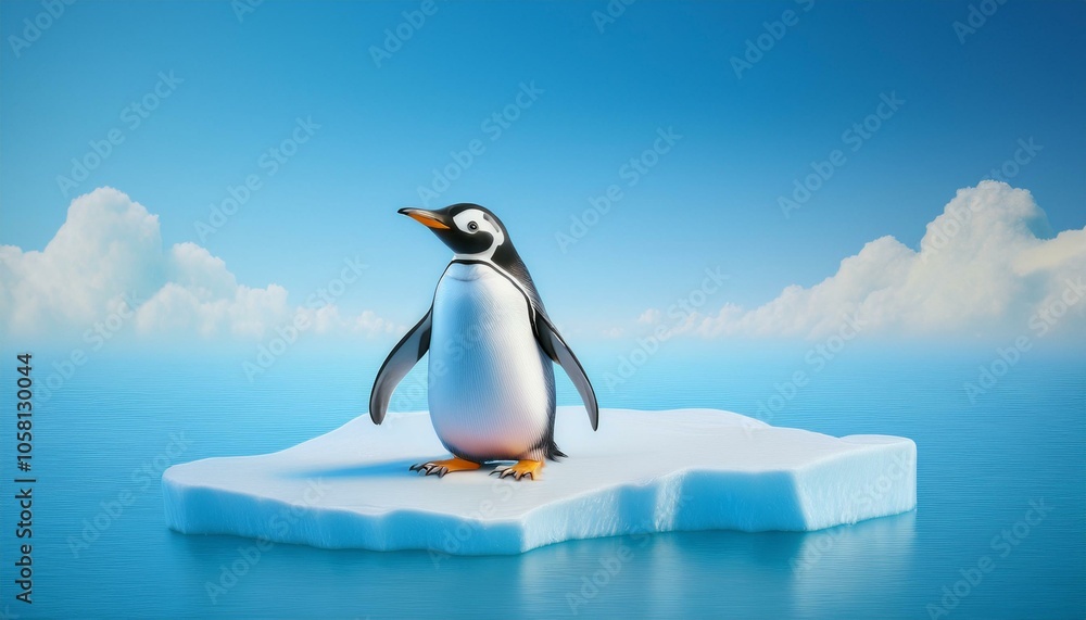 Fototapeta premium A penguin stands on a small iceberg, looking out at the vast blue ocean and sky.
