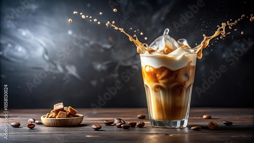 A glass of iced coffee with a splash of cream and sugar being poured from a pitcher, kitchen, dinerware, food preparation, morning photo