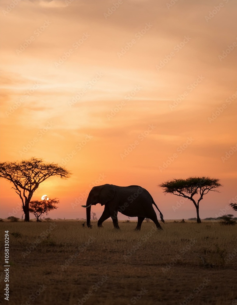 Obraz premium Silhouetted against a vibrant sunset, an elephant walks across the savanna, a powerful image of nature's beauty.