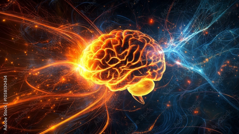 Obraz premium Brightly colored brain activity illustrates the complex networks of neural pathways in a dynamic display, showcasing the brain's energy and connectivity against a dark, cosmic backdrop.