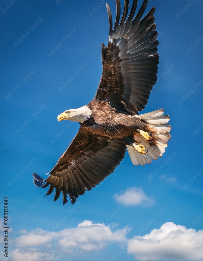 A majestic bald eagle soars through a clear blue sky, its powerful wings outstretched.