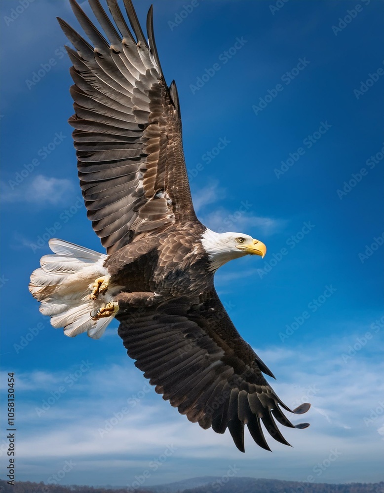 Naklejka premium A majestic bald eagle soars through the sky, its wings spread wide against the blue canvas.