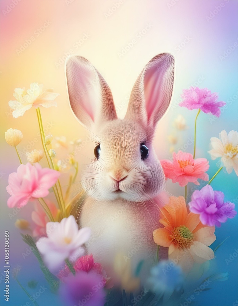 A cute bunny rabbit with big ears sits among colorful flowers. A cute bunny rabbit with big ears sits among colorful flowers.