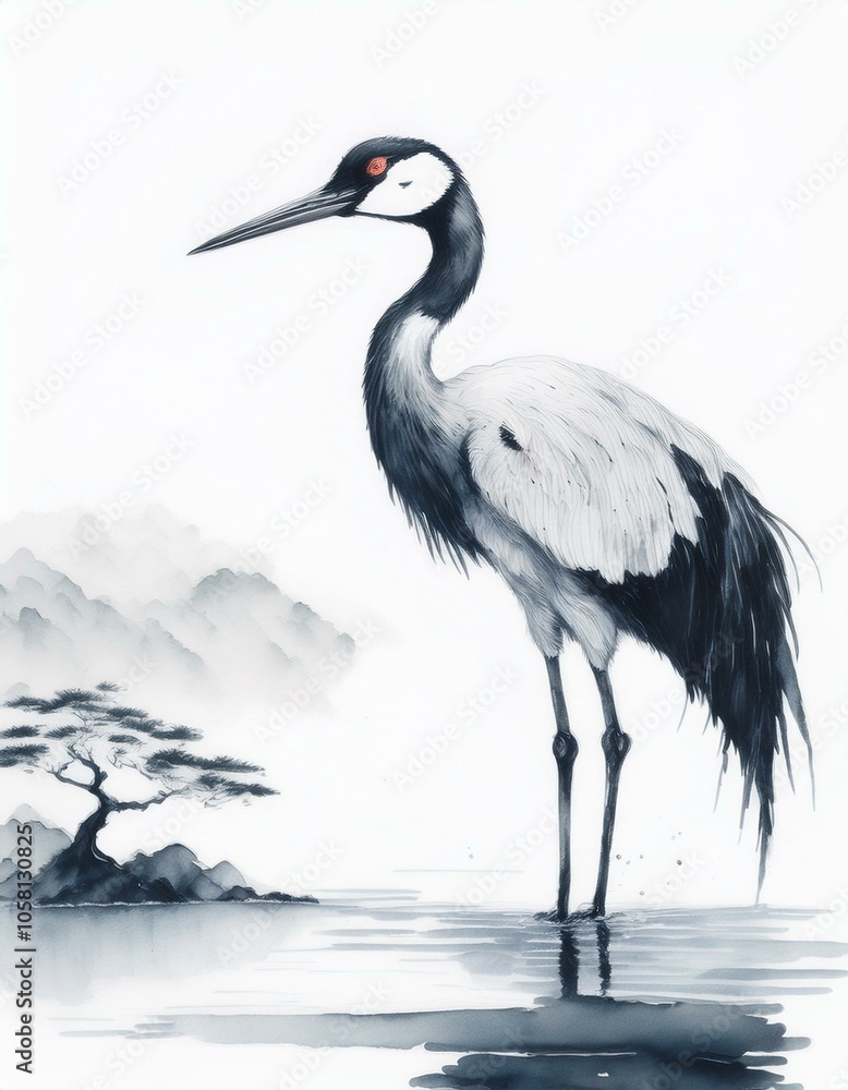 Obraz premium A watercolor painting of a crane standing in a lake with a lone tree in the background.