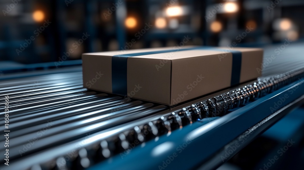 A cardboard box with blue tape moves along a conveyor belt in a warehouse. A cardboard box with blue tape moves along a conveyor belt in a warehouse.