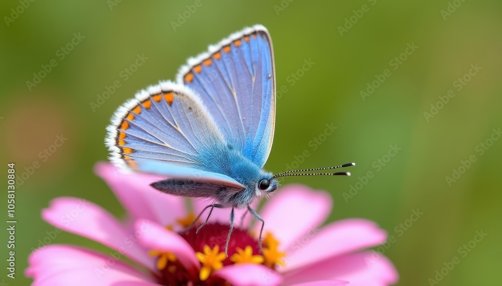 A moment of serenity with a blue butterfly and a pink flower A moment of serenity with a blue butterfly and a pink flower