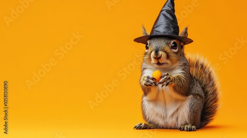 A Squirrel Dressed as a Witch Holding a Candy Corn
