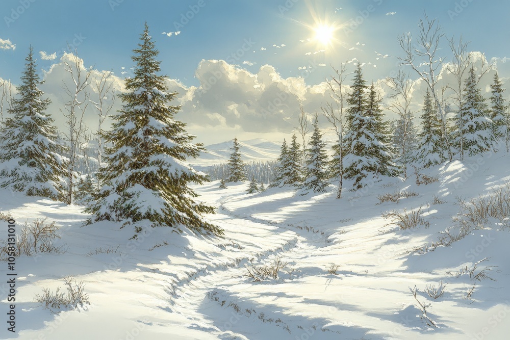 Snowy path through pine forest with sun rays filtering through capturing winter beauty and serenity ideal for seasonal decor outdoor inspiration or cozy winter imagery