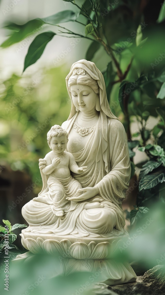 Serene Statue of Mother with Child in Tranquil Setting